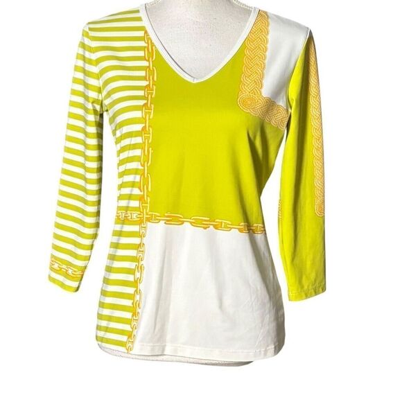 J Mclaughlin Top Size Small Catalina Cloth Green Chain Stripe 3/4 Sleeve Preppy - Picture 9 of 10